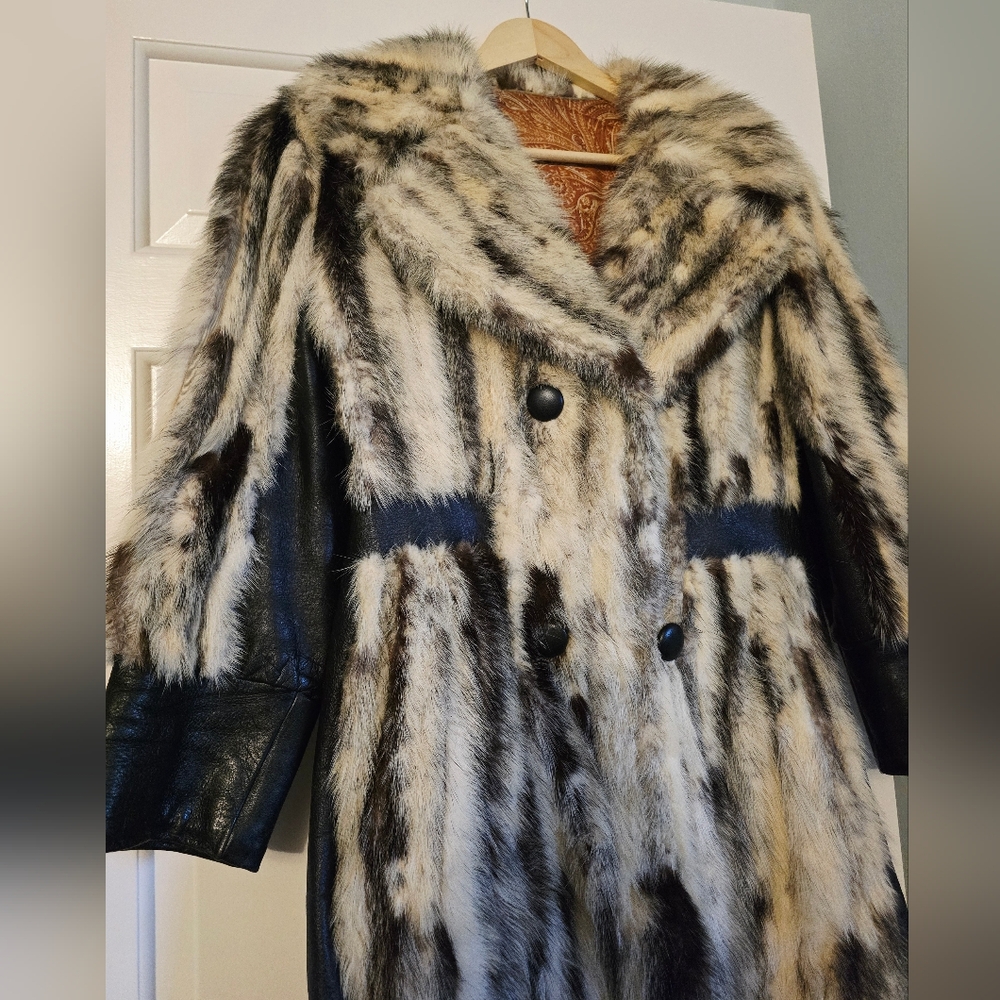 Striking Mink Fur Leather Vintage Penny Lane Era 60s 70s Coat Black Cross Mink